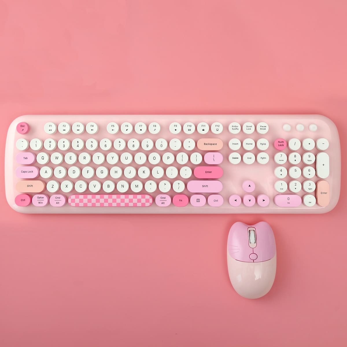 Keyboard dan mouse nirkabel berwarna merah muda untuk anak perempuan