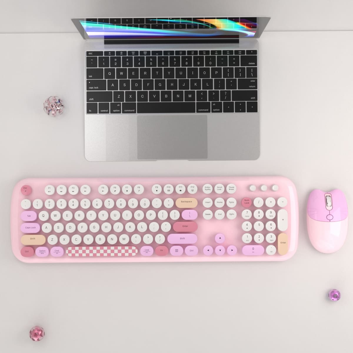 keyboard dan mouse nirkabel modern trendi berwarna merah muda