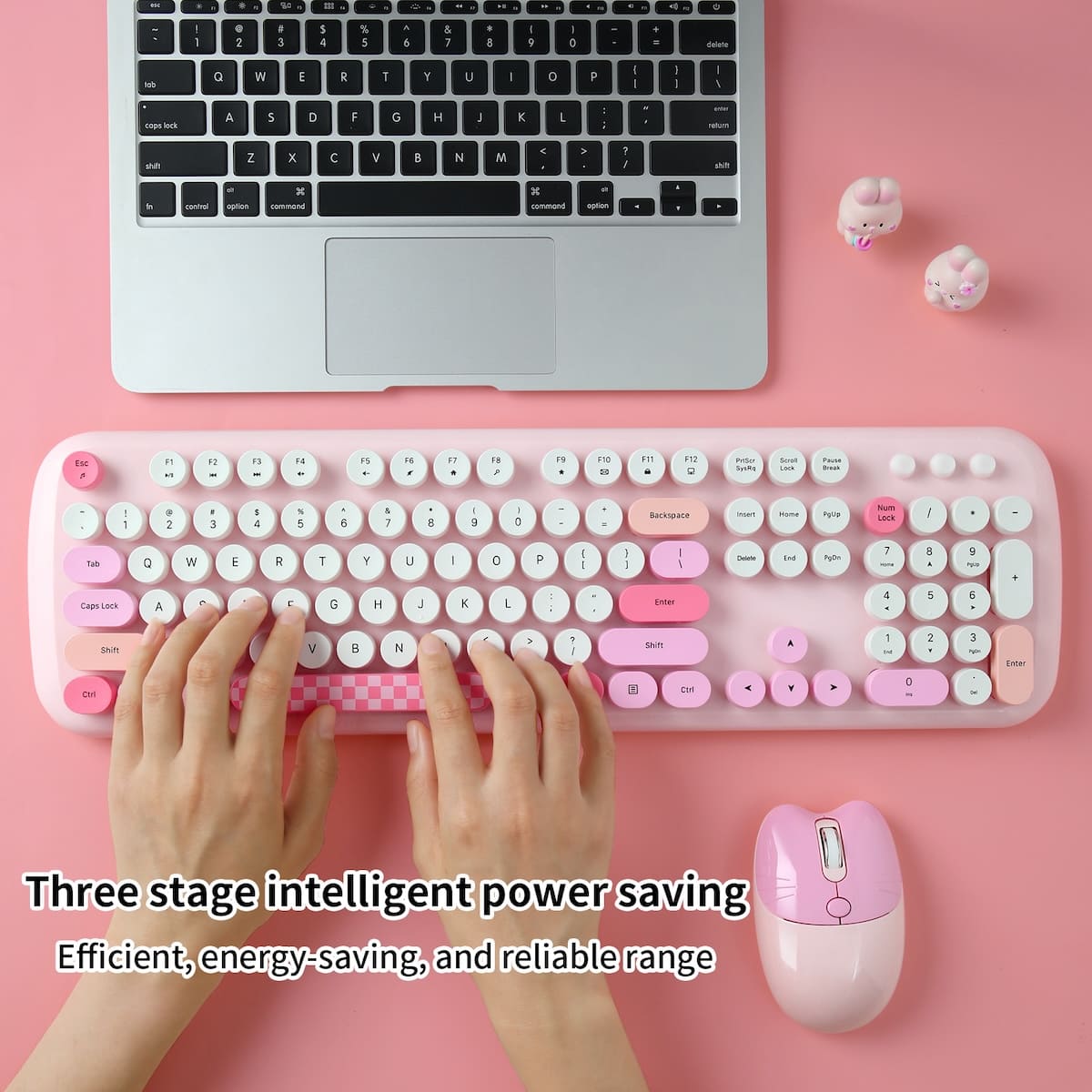 Set keyboard nirkabel dengan mouse, warna pink untuk anak perempuan