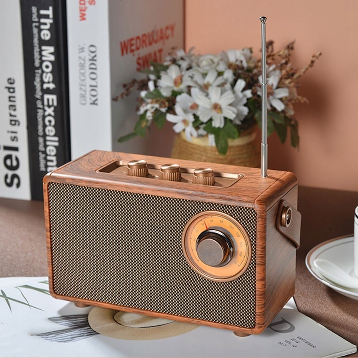 Pemutar radio dalam desain retro kayu mini kecil