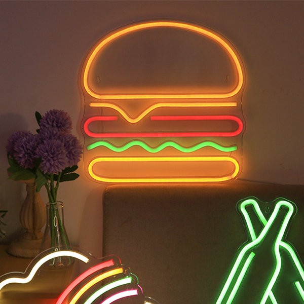 lampu neon menyala yang dipimpin di dinding - hamburger