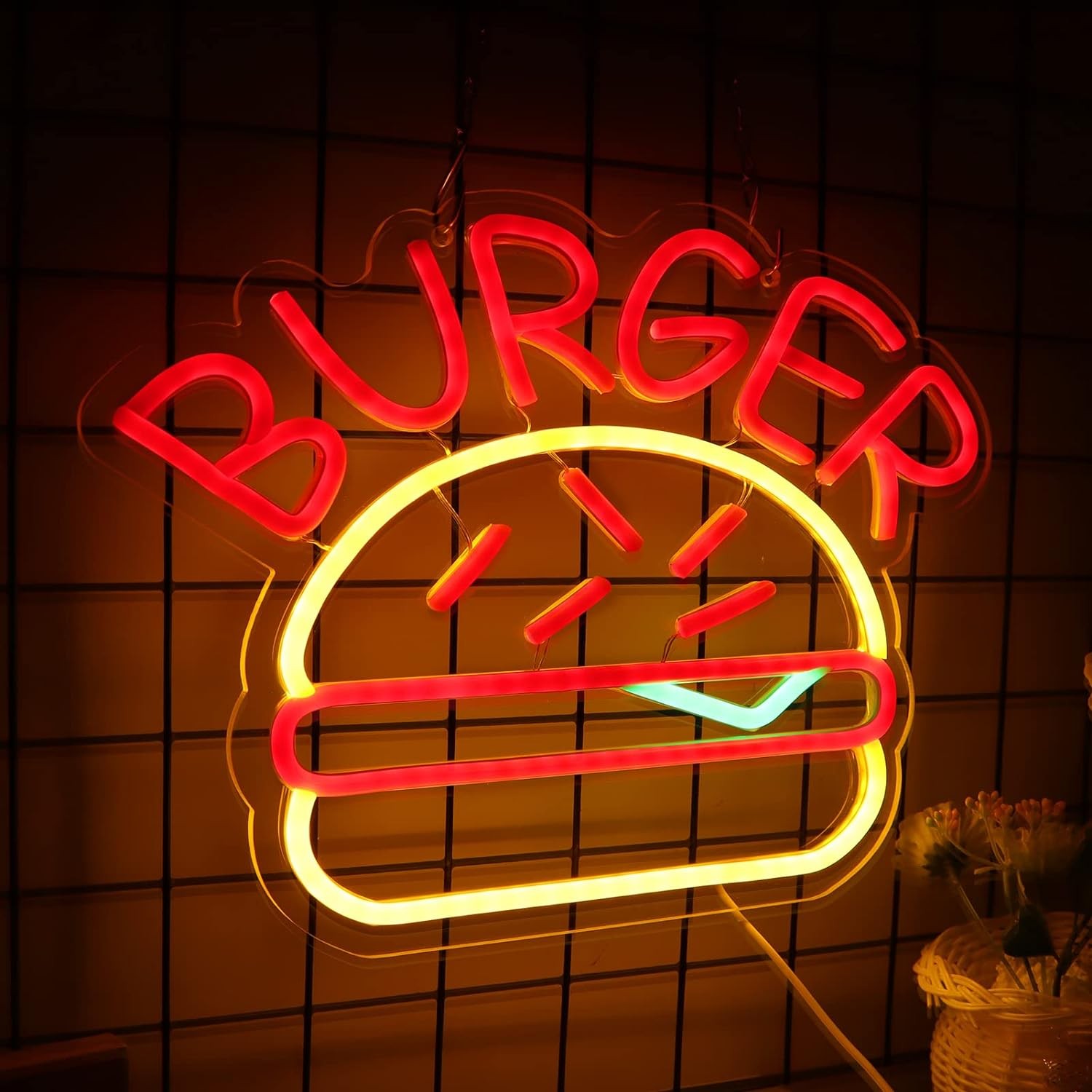 logo tanda neon pencahayaan burger di dinding